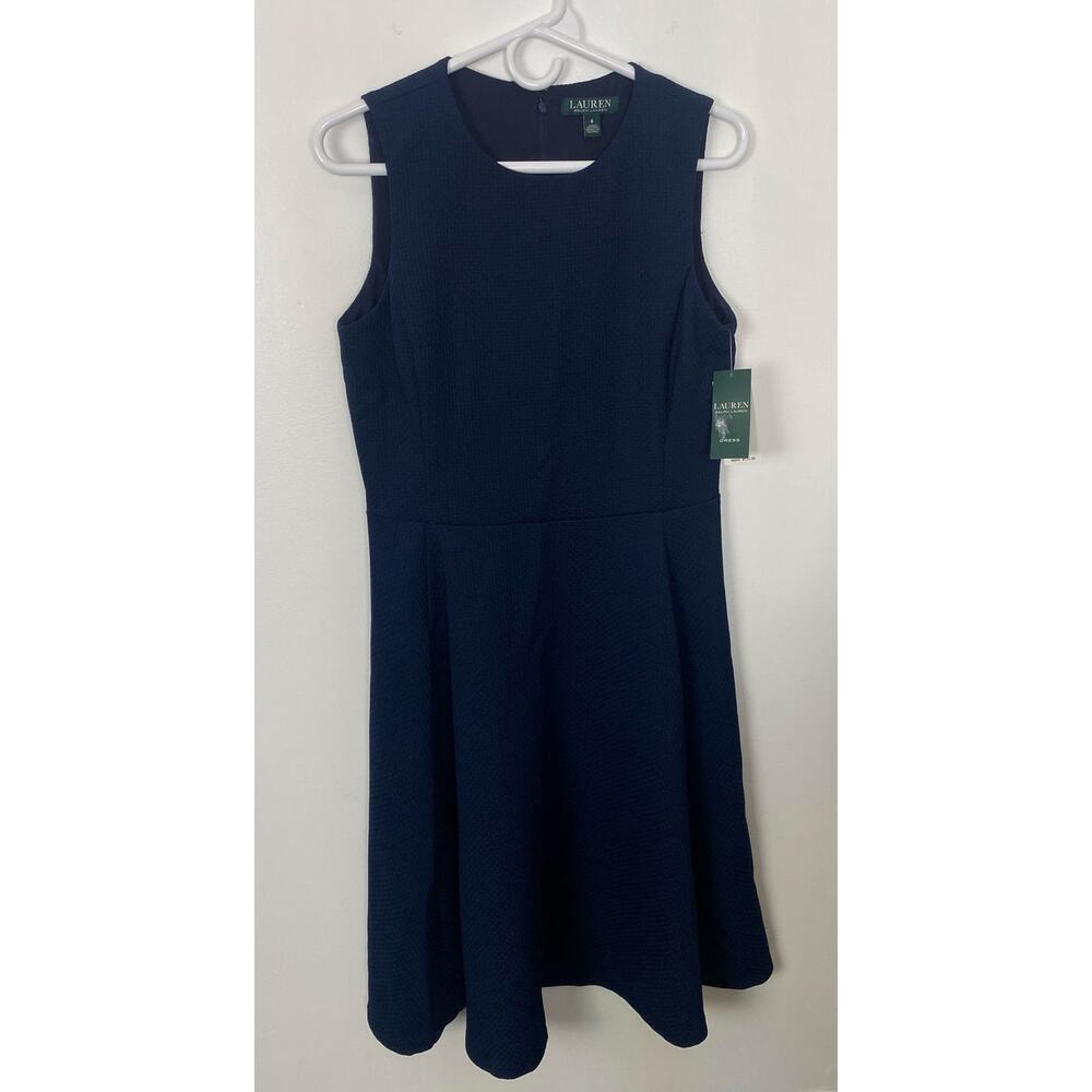 NEW Women Lauren Ralph Lauren navy blue textured sleeveless shift midi dress, 8